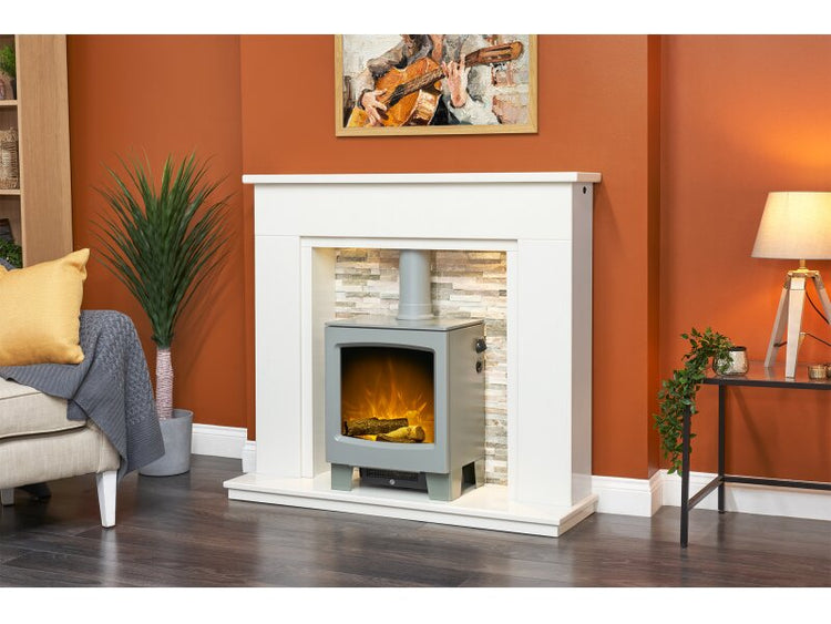 Acantha electric fireplace suite in marble surround with downlights on
