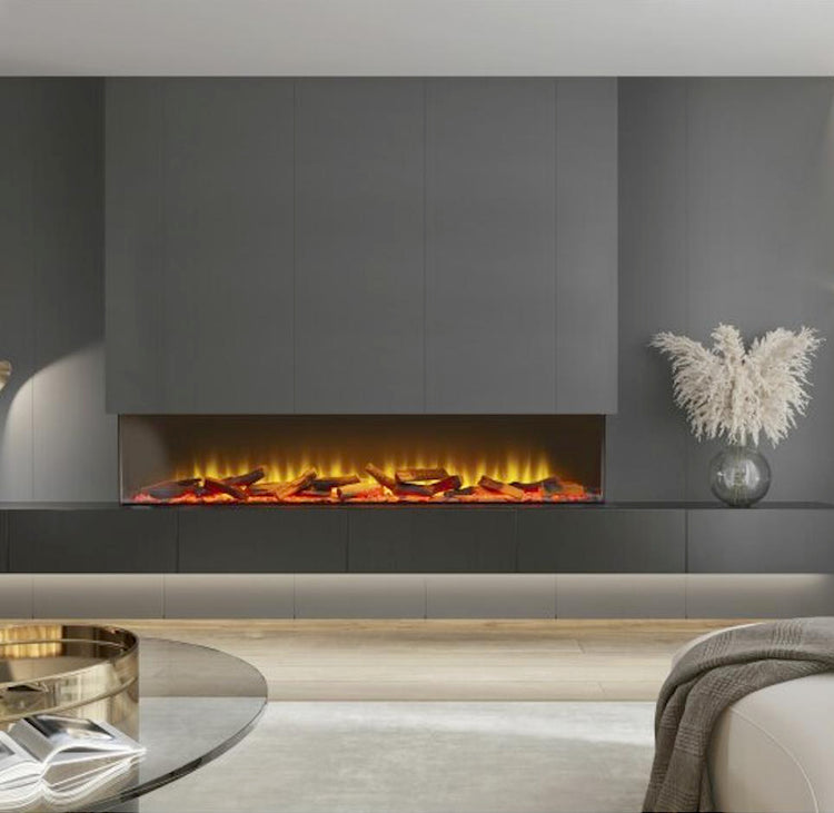 Acantha Ignis 1500 electric media wall fireplace on display in modern living room with orange flames alight