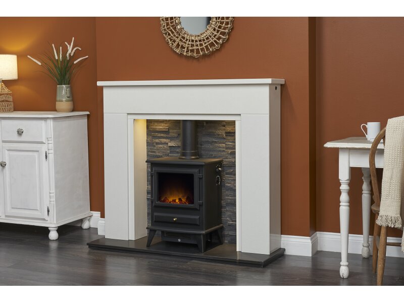 Acantha Rimini White Marble Fireplace with Downlights & Hudson Electric Stove in Black, 48 Inch