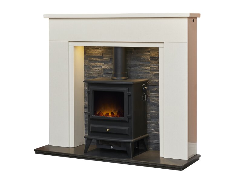 Acantha Rimini White Marble Fireplace with Downlights & Hudson Electric Stove in Black, 48 Inch