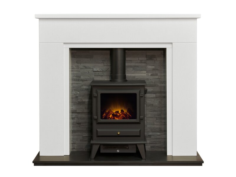 Acantha Rimini White Marble Fireplace with Downlights & Hudson Electric Stove in Black, 48 Inch
