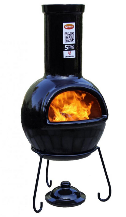 Gardeco Sempra large Chimalin AFC chimenea in glazed black, including lid & stand