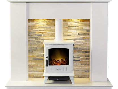 Acantha Auckland White Marble Stove Fireplace with Downlights & Aviemore Electric Stove in White Enamel, 54 Inch