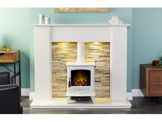 Acantha Auckland White Marble Stove Fireplace with Downlights & Aviemore Electric Stove in White Enamel, 54 Inch