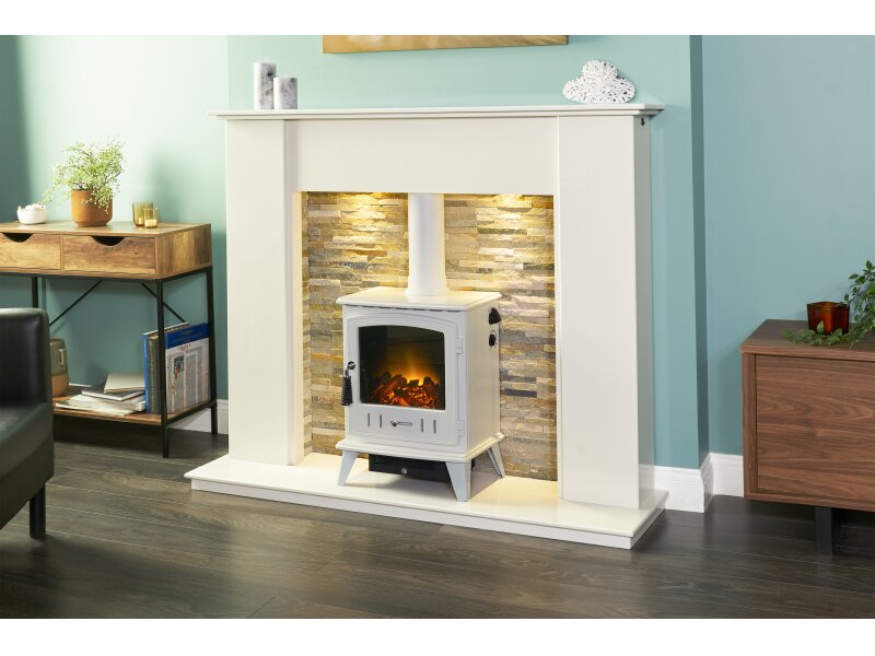 Acantha Auckland White Marble Stove Fireplace with Downlights & Aviemore Electric Stove in White Enamel, 54 Inch