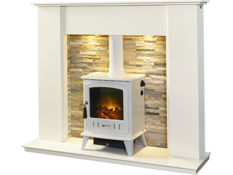 Acantha Auckland White Marble Stove Fireplace with Downlights & Aviemore Electric Stove in White Enamel, 54 Inch