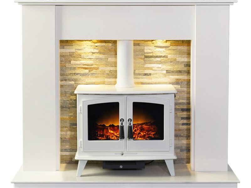 Acantha Auckland White Marble Stove Fireplace with Downlights & Woodhouse Electric Stove in White, 54 Inch