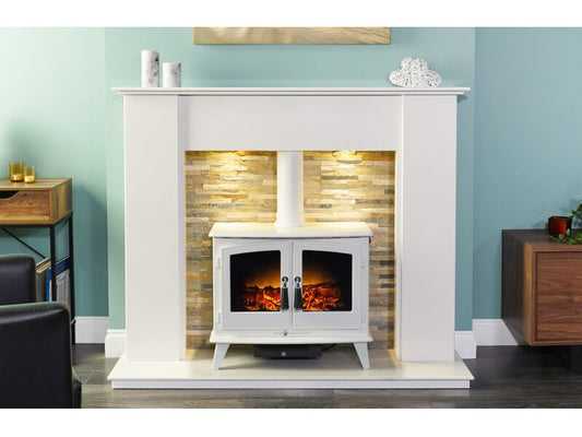 Acantha Auckland White Marble Stove Fireplace with Downlights & Woodhouse Electric Stove in White, 54 Inch