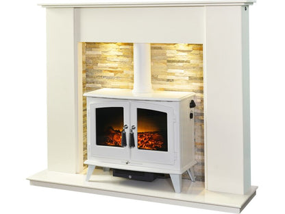 Acantha Auckland White Marble Stove Fireplace with Downlights & Woodhouse Electric Stove in White, 54 Inch