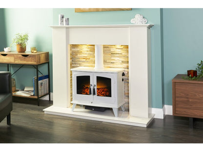 Acantha Auckland White Marble Stove Fireplace with Downlights & Woodhouse Electric Stove in White, 54 Inch