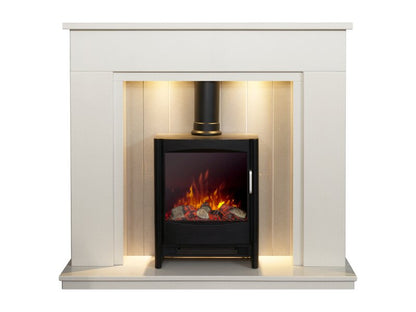 Acantha Larissa White & Grey Marble Stove Fireplace with Downlights & Keston Electric Stove in Black, 48 Inch