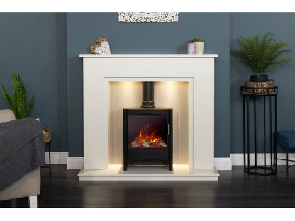 Acantha Larissa White & Grey Marble Stove Fireplace with Downlights & Keston Electric Stove in Black, 48 Inch