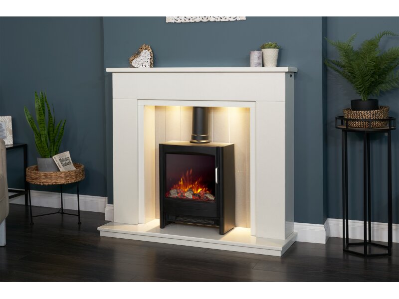 Acantha Larissa White & Grey Marble Stove Fireplace with Downlights & Keston Electric Stove in Black, 48 Inch