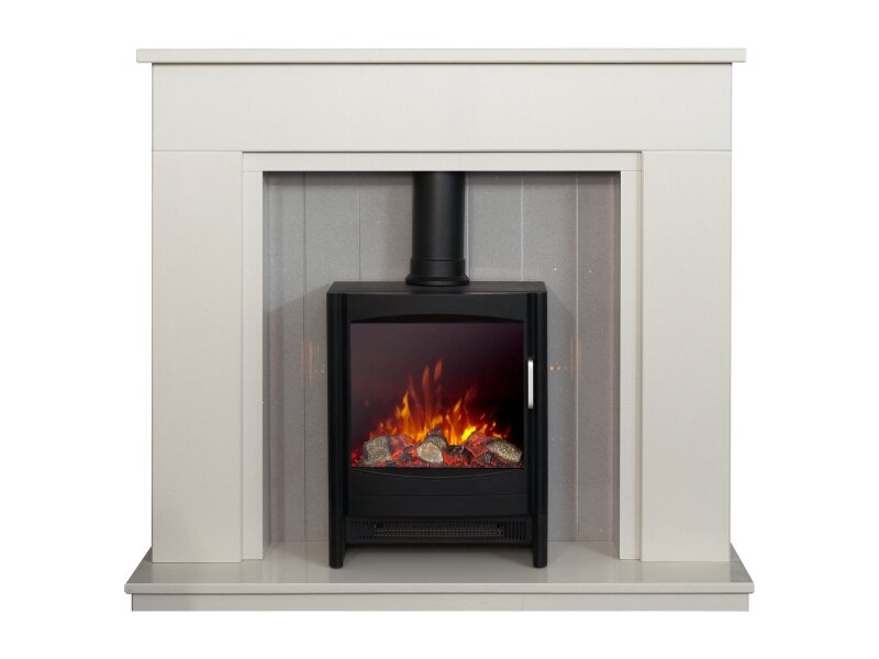 Acantha Larissa White & Grey Marble Stove Fireplace with Downlights & Keston Electric Stove in Black, 48 Inch