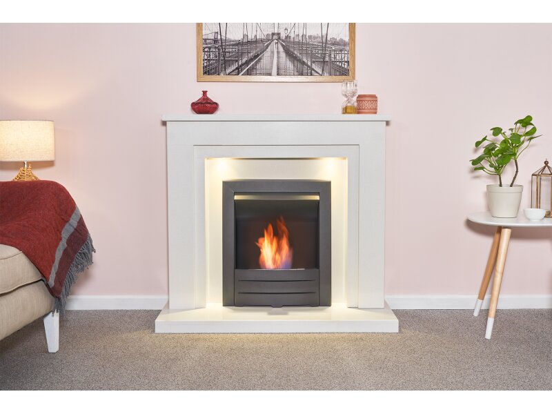 Acantha Dallas White Marble Fireplace with Downlights & Colorado Bio Ethanol Fire in Black, 42 Inch