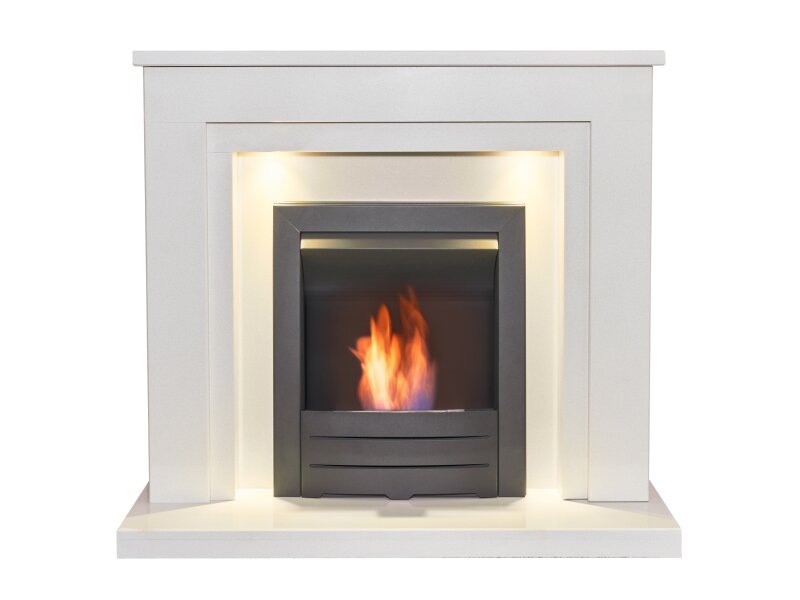 Acantha Dallas White Marble Fireplace with Downlights & Colorado Bio Ethanol Fire in Black, 42 Inch