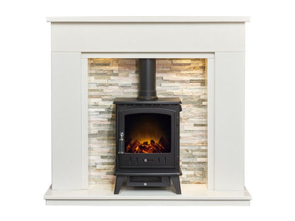 Acantha Amalfi White Marble Fireplace with Downlights & Aviemore Electric Stove in Black, 48 Inch