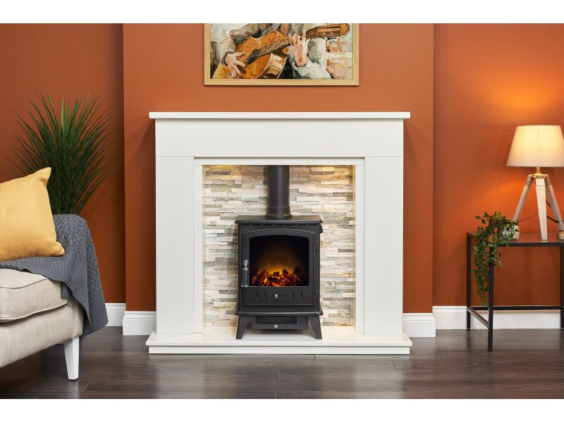 Acantha Amalfi White Marble Fireplace with Downlights & Aviemore Electric Stove in Black, 48 Inch