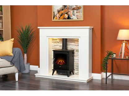 Acantha Amalfi White Marble Fireplace with Downlights & Aviemore Electric Stove in Black, 48 Inch