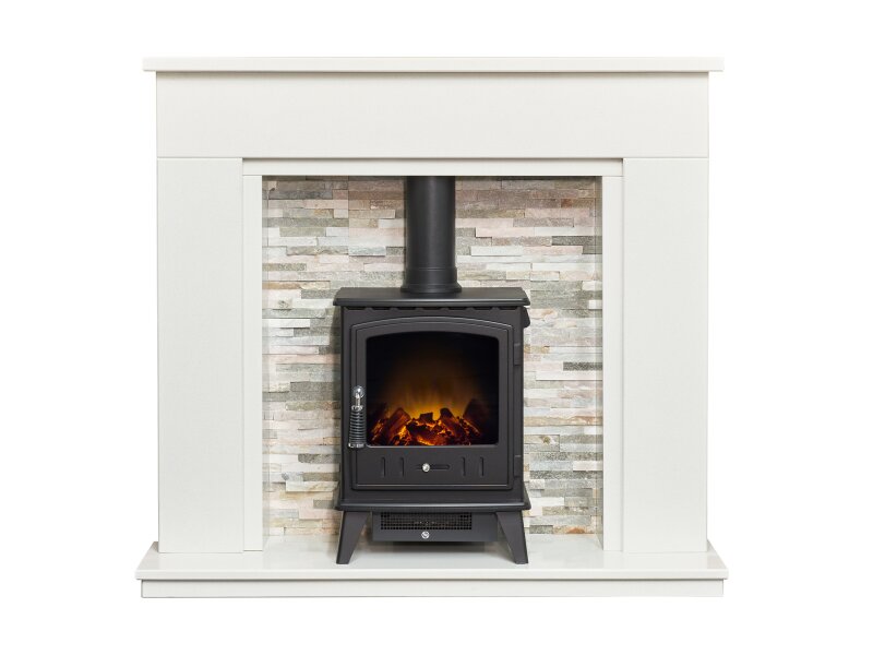 Acantha Amalfi White Marble Fireplace with Downlights & Aviemore Electric Stove in Black, 48 Inch