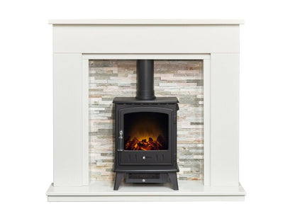 Acantha Amalfi White Marble Fireplace with Downlights & Aviemore Electric Stove in Black, 48 Inch