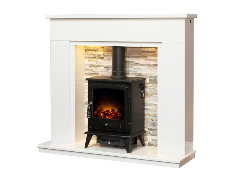 Acantha Amalfi White Marble Fireplace with Downlights & Aviemore Electric Stove in Black, 48 Inch