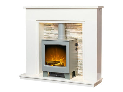 Acantha Amalfi White Marble Fireplace with Downlights & Lunar Electric Stove in Grey, 48 Inch