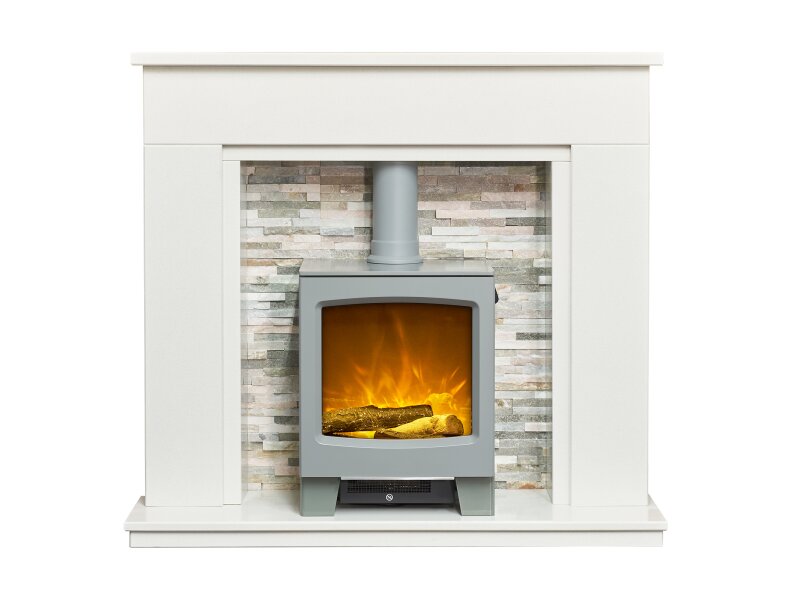 Acantha Amalfi White Marble Fireplace with Downlights & Lunar Electric Stove in Grey, 48 Inch