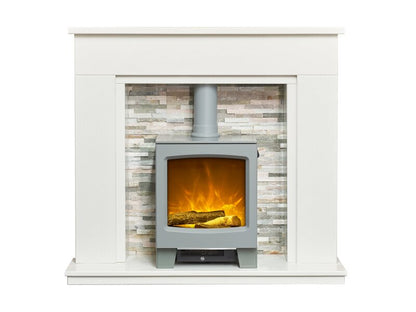 Acantha Amalfi White Marble Fireplace with Downlights & Lunar Electric Stove in Grey, 48 Inch