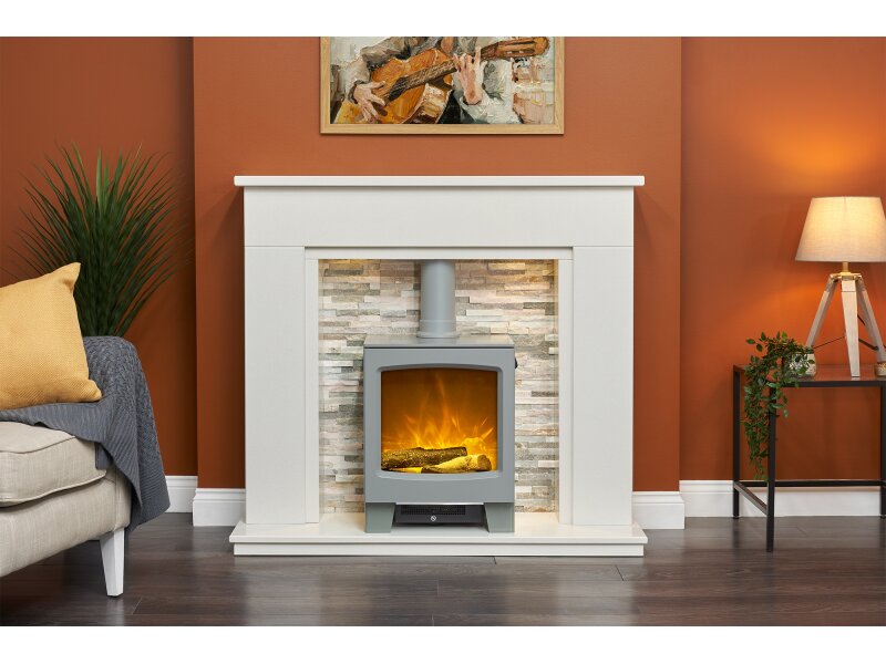 Acantha Amalfi White Marble Fireplace with Downlights & Lunar Electric Stove in Grey, 48 Inch