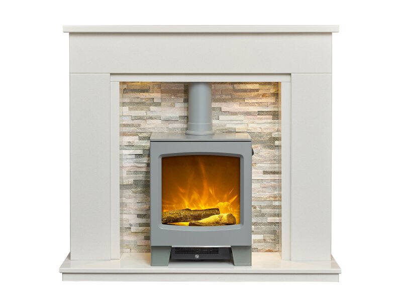 Acantha Amalfi White Marble Fireplace with Downlights & Lunar Electric Stove in Grey, 48 Inch