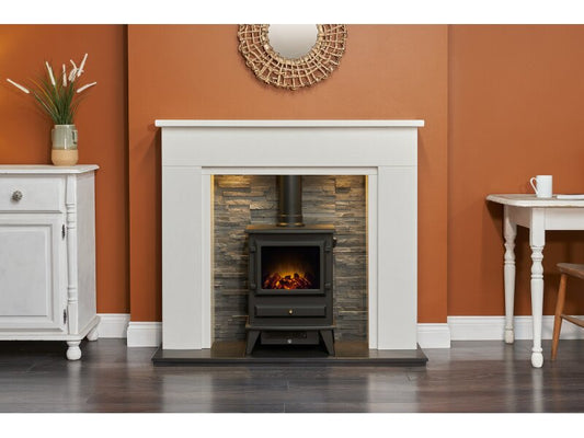 Acantha Rimini White Marble Fireplace with Downlights & Hudson Electric Stove in Black, 48 Inch