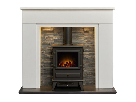 Acantha Rimini White Marble Fireplace with Downlights & Hudson Electric Stove in Black, 48 Inch