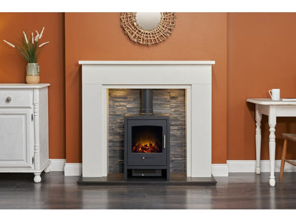 Acantha Rimini White Marble Fireplace with Downlights & Bergen Electric Stove in Charcoal Grey, 48 Inch