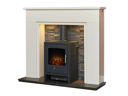 Acantha Rimini White Marble Fireplace with Downlights & Bergen Electric Stove in Charcoal Grey, 48 Inch