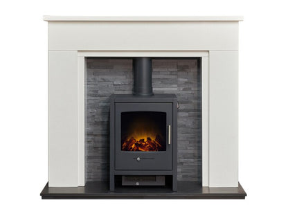 Acantha Rimini White Marble Fireplace with Downlights & Bergen Electric Stove in Charcoal Grey, 48 Inch