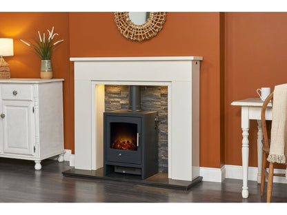 Acantha Rimini White Marble Fireplace with Downlights & Bergen Electric Stove in Charcoal Grey, 48 Inch