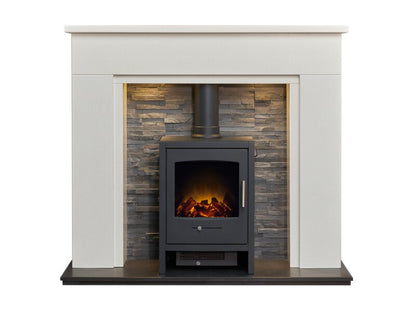 Acantha Rimini White Marble Fireplace with Downlights & Bergen Electric Stove in Charcoal Grey, 48 Inch