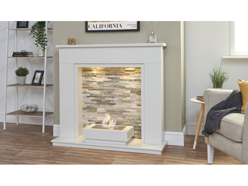 Acantha Amalfi White Marble Fireplace with Downlights & Altea Bio Ethanol Burner, 48 Inch