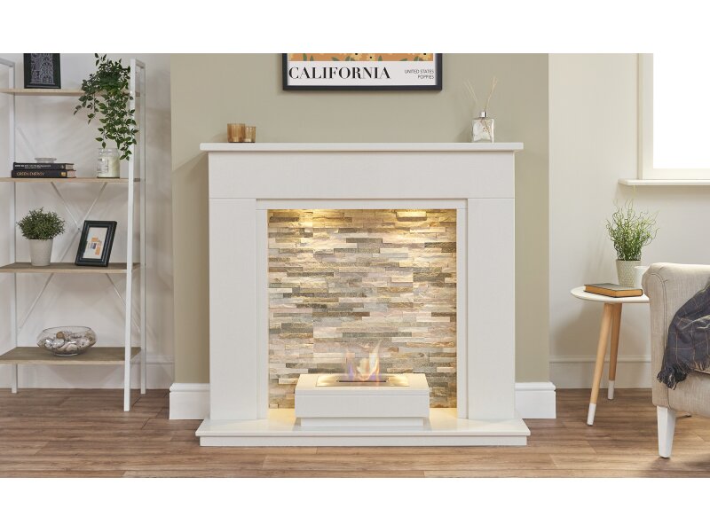 Acantha Amalfi White Marble Fireplace with Downlights & Altea Bio Ethanol Burner, 48 Inch