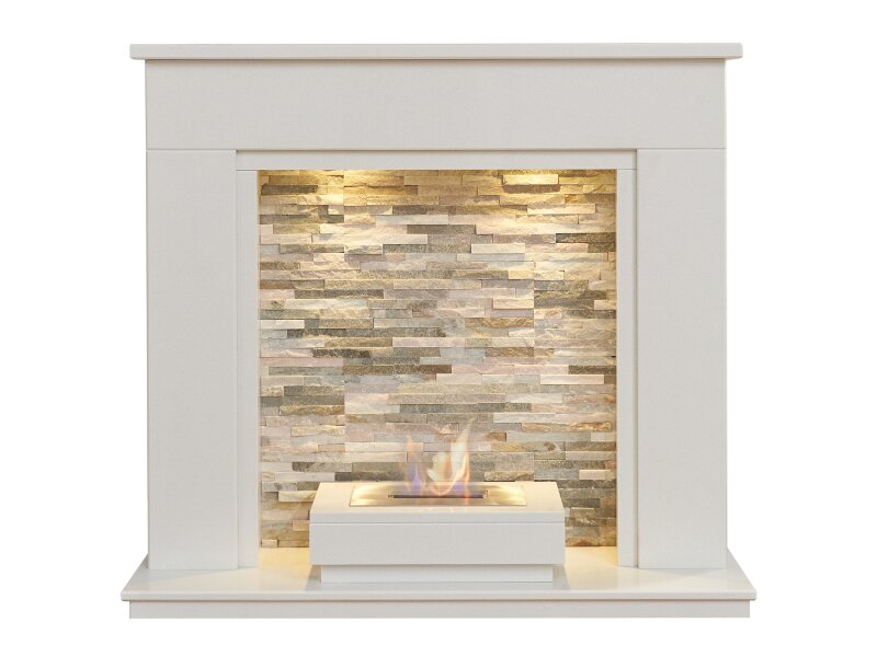 Acantha Amalfi White Marble Fireplace with Downlights & Altea Bio Ethanol Burner, 48 Inch