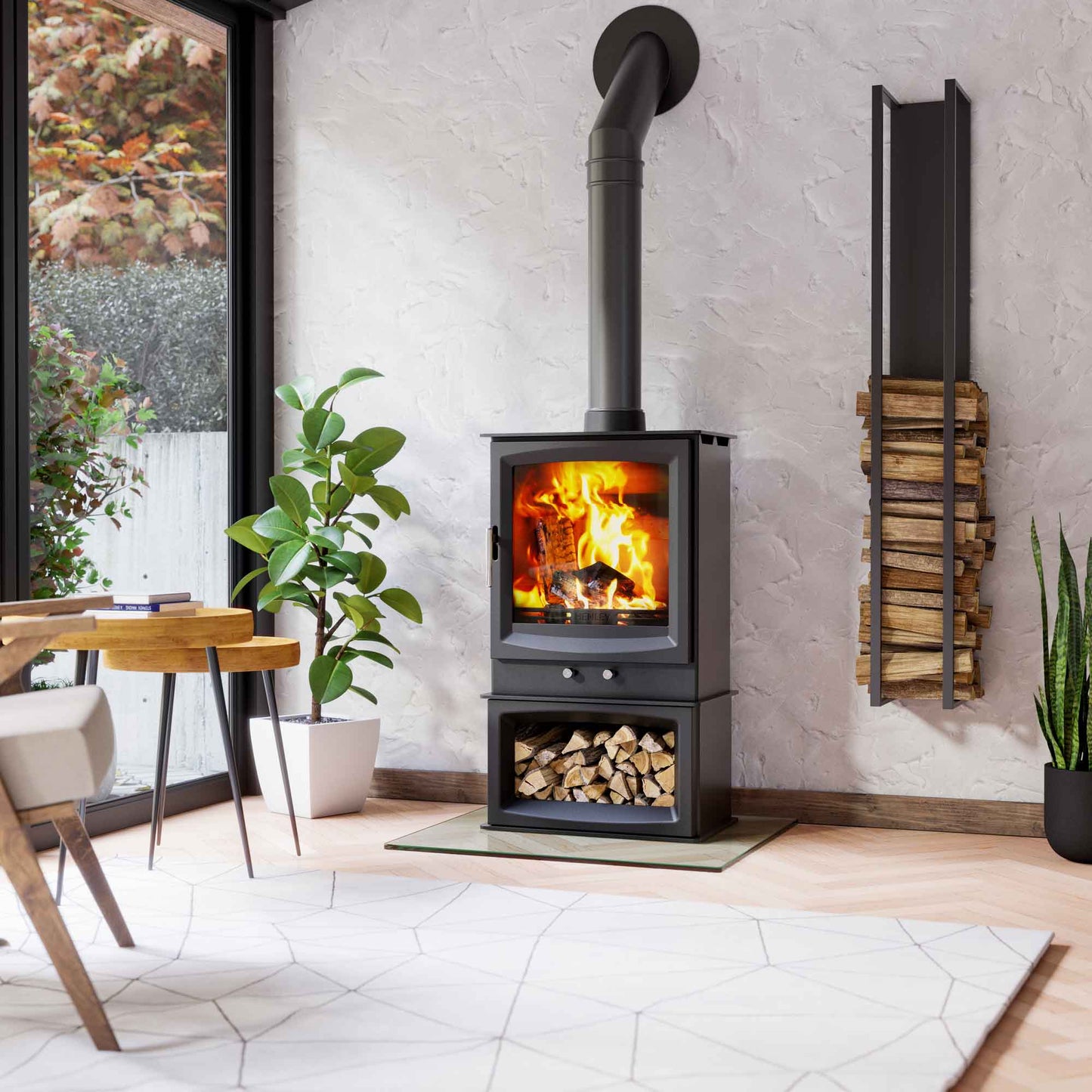 Henley Burnbright wood burning stove lit with logbox beneath and wood storage on the side