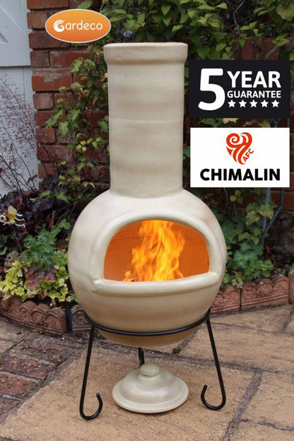 Gardeco Sempra large Chimalin AFC chimenea in glazed cappucino, including lid & stand