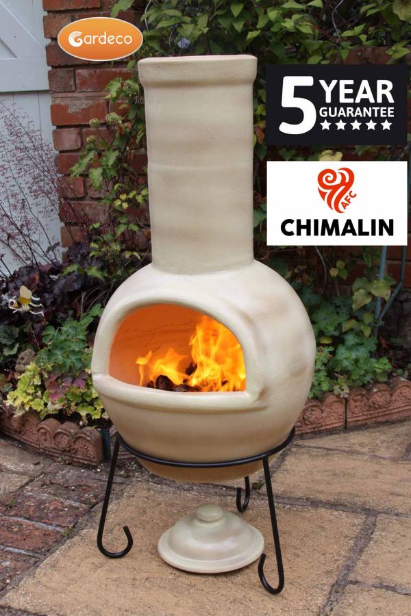 Gardeco Sempra large Chimalin AFC chimenea in glazed cappucino, including lid & stand