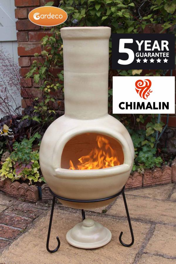 Gardeco Sempra large Chimalin AFC chimenea in glazed cappucino, including lid & stand