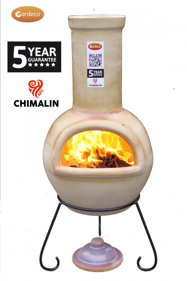 Gardeco Sempra large Chimalin AFC chimenea in glazed cappucino, including lid & stand