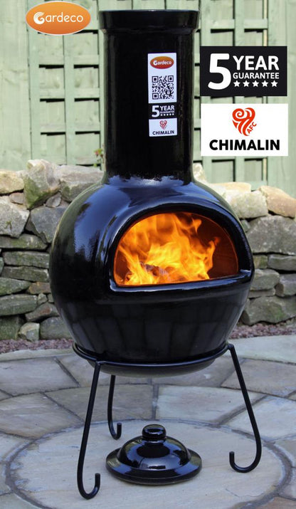 Gardeco Sempra large Chimalin AFC chimenea in glazed black, including lid & stand