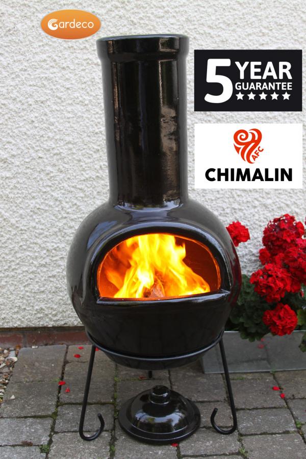 Gardeco Sempra large Chimalin AFC chimenea in glazed black, including lid & stand