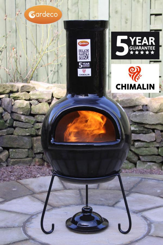 Gardeco Sempra large Chimalin AFC chimenea in glazed black, including lid & stand