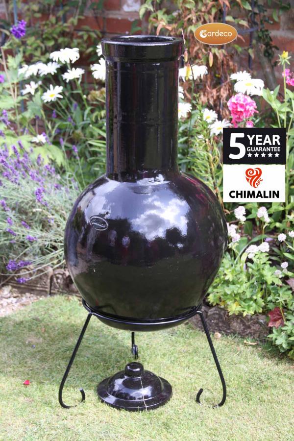 Gardeco Sempra large Chimalin AFC chimenea in glazed black, including lid & stand